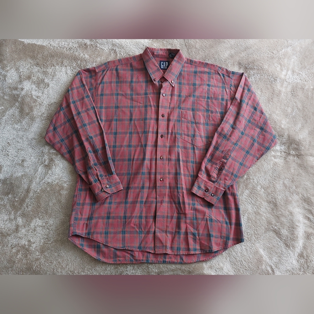 Vtg 90's Gap Men's Red Portuguese Cotton Relaxed Plaid Button Down Shirt | XL